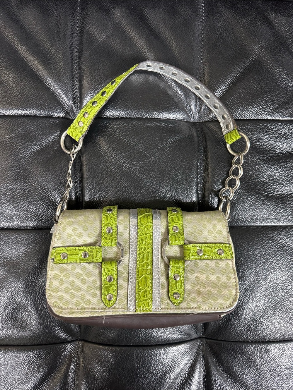 Emilie M Y2K Green and Silver Studded Women's Shoulder Bag